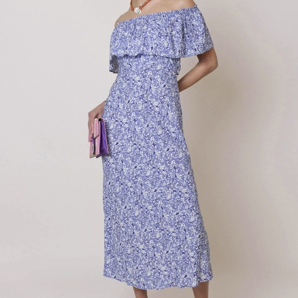 RIXO Blue Floral Off-Shoulder Dress